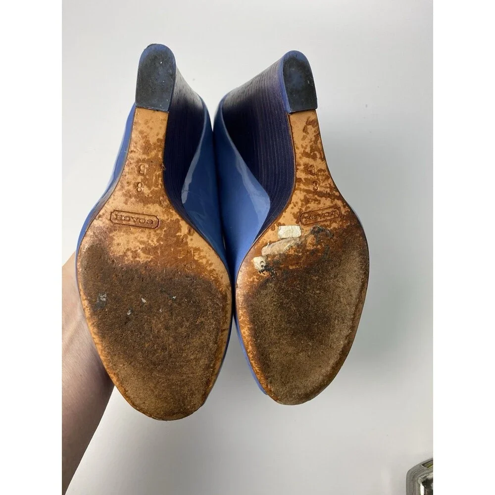 Coach Women’s Blue Patent Open Toe Wedge Heels 8 B - Picture 9 of 10
